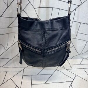 B. Makowsky Crossbody Bag Small Black Vintage Boho Leather Whipstitch Zip Pocket